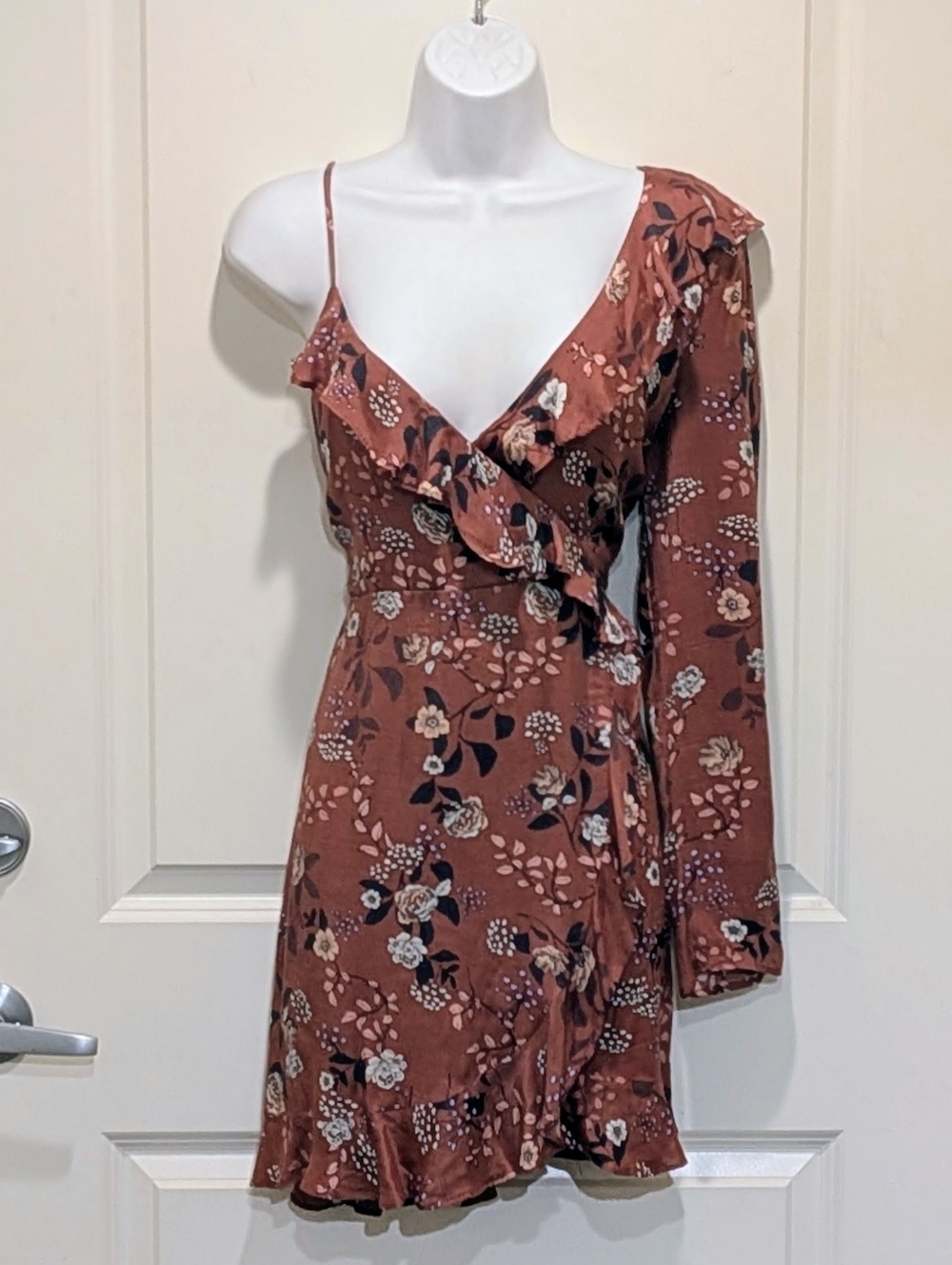 Bardot Rust Floral One-Shoulder Ruffle Dress